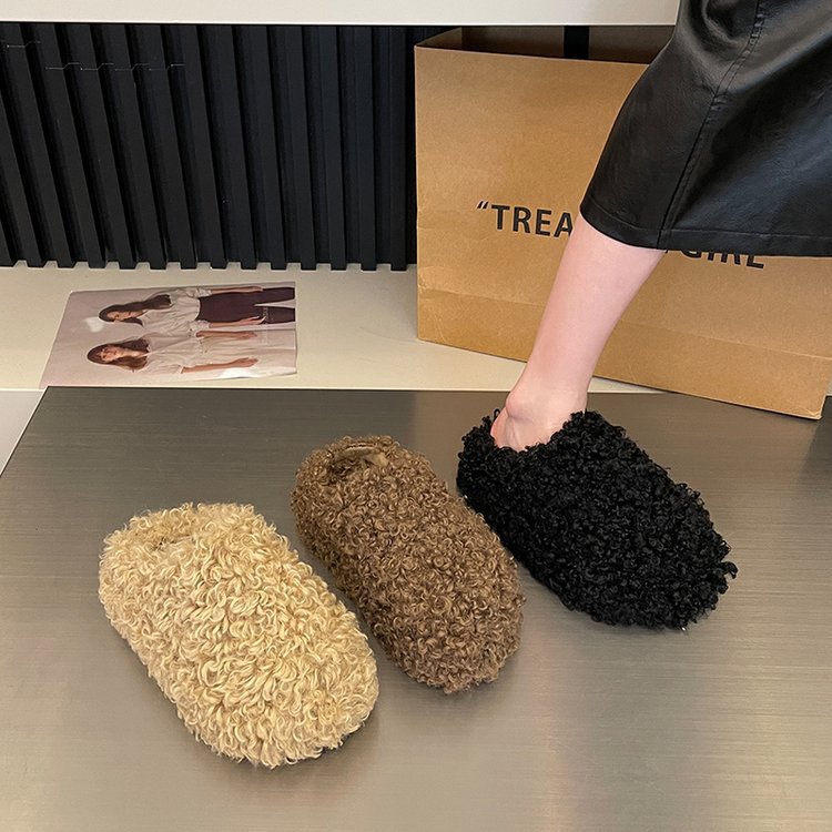 Curly Plush Toe-Cap Half Slippers for Women's Outer Wear 2025 Autumn and Winter New Style Platform Thick-Soled Warm and Height-Increasing Cotton Slippers