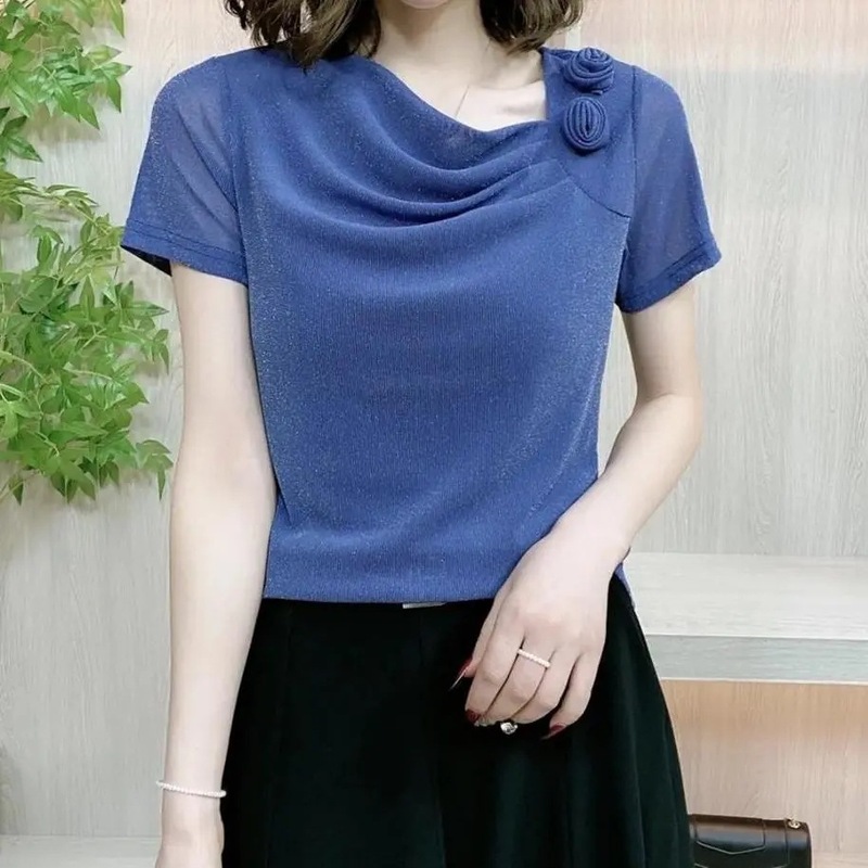女性用フラワーパイルカラー半袖シャツ、肉感をカバーして着痩せ、夏用Tシャツ、気質トップス、メッシュ年齢軽減ボトムスシャツ|undefined
