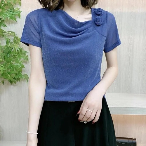 Floral Stack Short Sleeve Women's Top, Body Covering Slimming Summer T-Shirt, Elegant Top, Mesh Layering Blouse