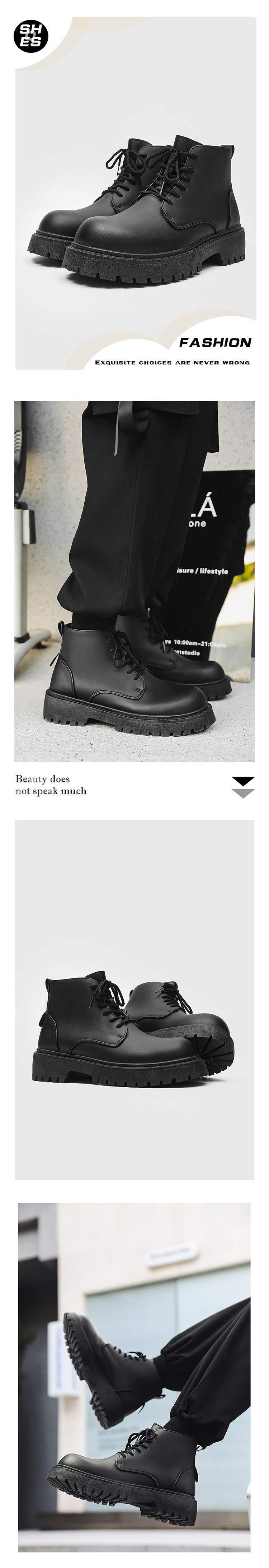 ShoeVault Derby Big Toe Martin Boots High Top British Hong Kong Style Hommes Semelle Épaisse Cuir Noir Nouvelle Hauteur Augmentant Travail_voghion.com