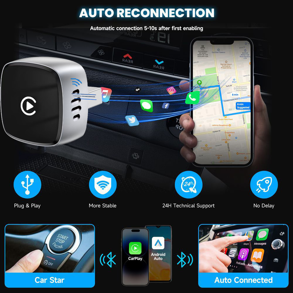 Wireless Carplay Box Compatible with iPhone and Android, Fast and Lag-Free Calling, Android 2in1 Adapter