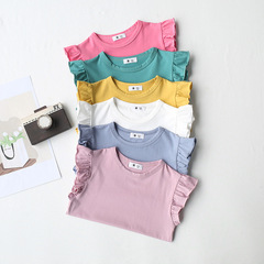 Girls' ruffled round neck Feifei short-sleeved T-shirt solid color top 2023 summer new Korean style pullover short-sleeved