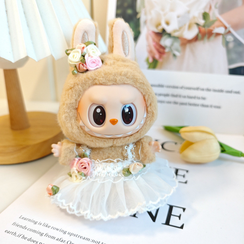 labubu娃衣拉布布衣服一二三代坐站姿珍珠缎面婚纱裙玫瑰花纱纱裙|undefined