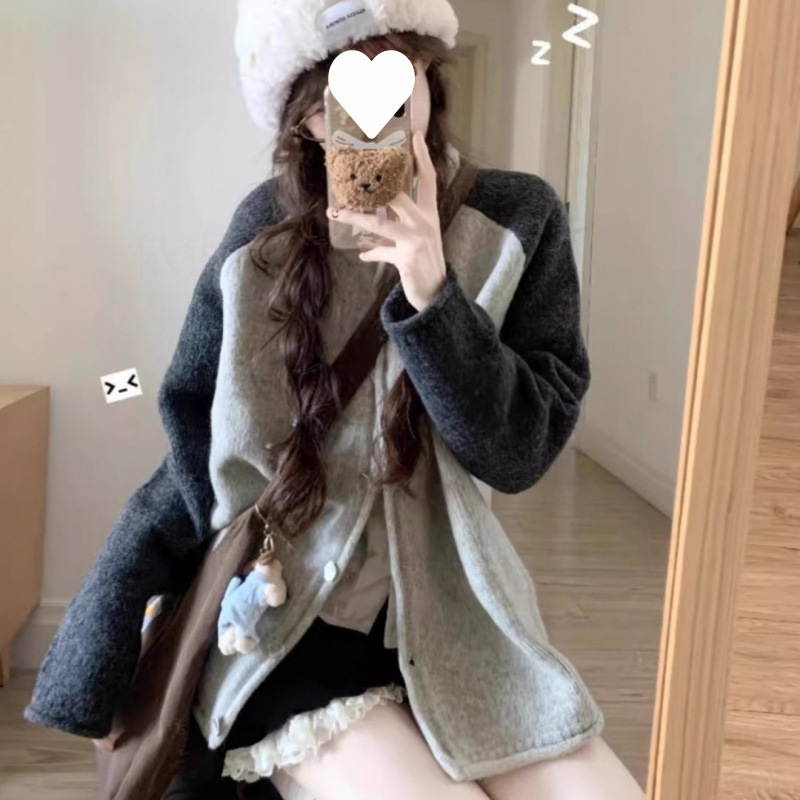 Coreano perecío sésamo diseño sensación de color suéter cardigán temperamento gris de manga larga chaqueta de punto