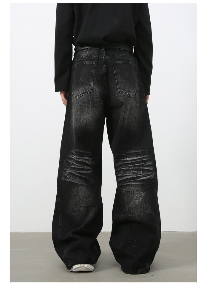 Quần jean nam ống đứng rộng rãi phối mảng giải cấu trúc, denim giặt nước — Đen xám chi tiết 7