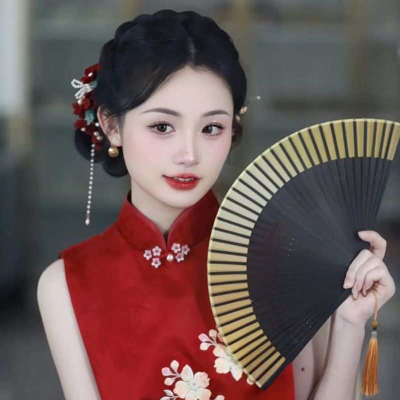 新中式新娘头饰红色植绒发夹旗袍敬酒服古风流苏发饰汉服花朵配饰|undefined