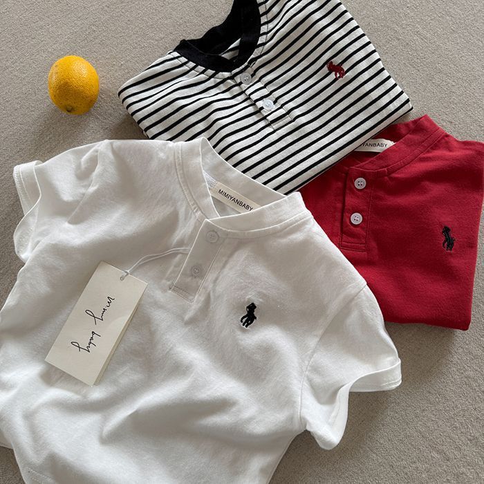 子供夏のTシャツ新しいスタイルの小さな子供と男の子のストライプのコットントップス男の子の赤ちゃんファッショナブルなブランド子供の多用途半袖|undefined