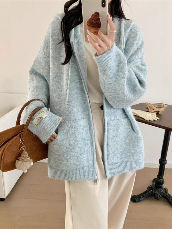 连帽拉链毛衣开衫外套女秋冬软糯新款宽松慵懒风百搭休闲针织上衣|undefined