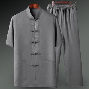 Middle-aged and Elderly Tang Suit Men's Grandpa Summer Short-sleeved Dad Suit Chinese Style Large Size Summer Thin Cotton and Linen Clothes