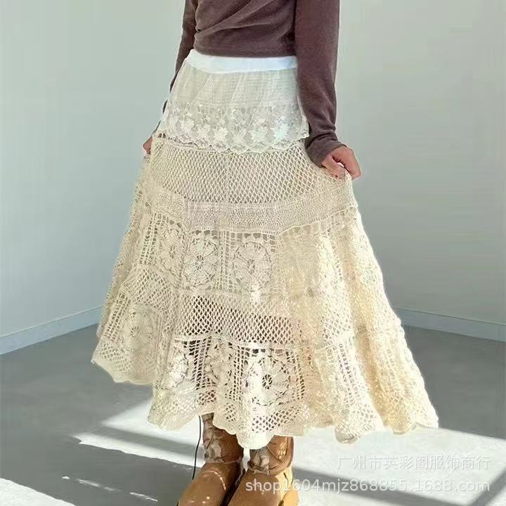 Beach Resort Style Palace Crochet Cut Out Lace Skirt Elegant Korean Style Spring Retro Mid-Length Hip-Hugging A-Line Skirt