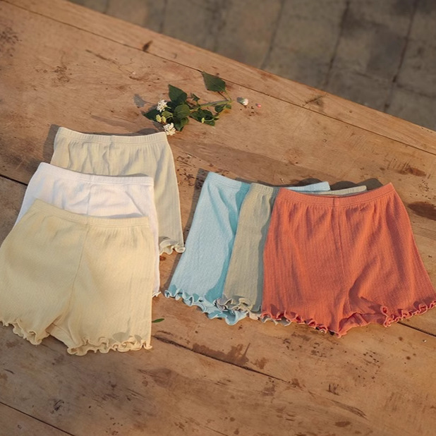 Girls' summer base layer shorts, stylish children's trendy brand Korean style solid color ice silk ruffled safety pants