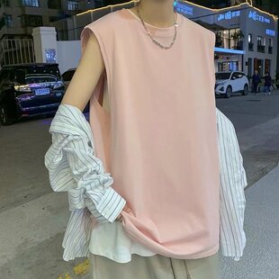 Summer Trendy Loose Wide Shoulder Cropped Sleeveless T-Shirt Men's Ice Silk Top Fitness Clothing Solid Color Tank Top