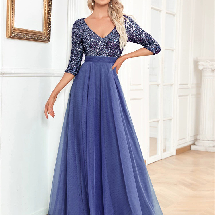 2025 New European and American Cross-Border Long Evening Dress High Waist V-Neck Sexy Dress Long Skirt Tulle Fashion Dress