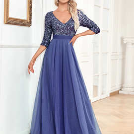 2026新款欧美跨境长款晚礼服高腰v领性感礼服长裙薄纱时尚礼服