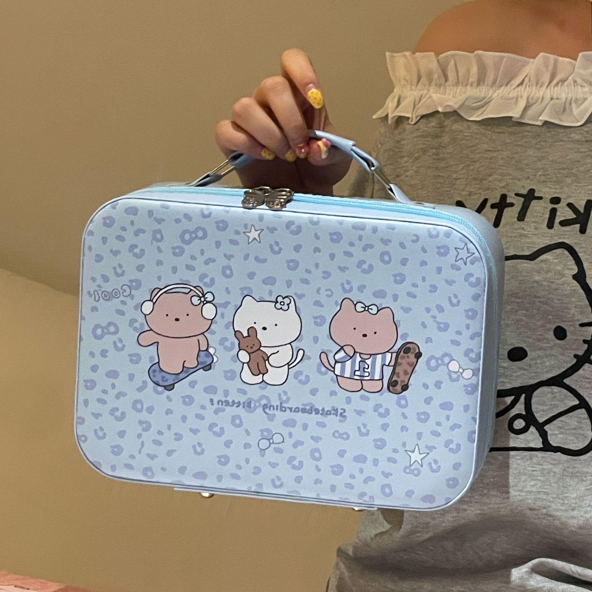 Leopardo gatito bolsa de maquillaje portátil linda gran capacidad portátil espejo impermeable caja de almacenamiento de productos de cuidado de la piel