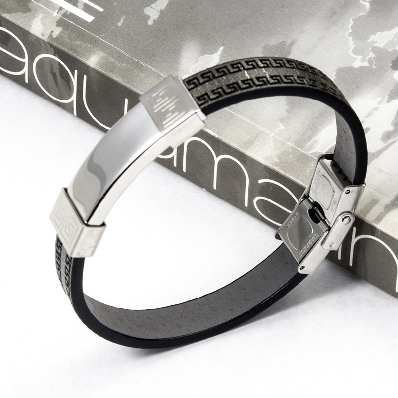Cross-border foreign trade jewelry PU leather stainless steel laser engraving LOGO fashion trendy men's bracelet jewelry wholesale