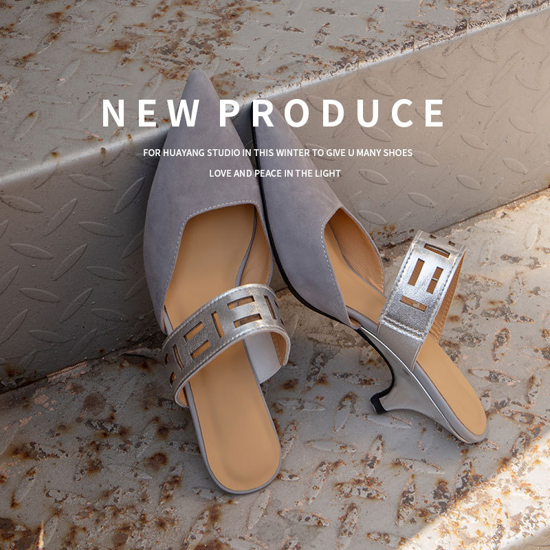 34-40码2025年夏季新款尖头细跟拖鞋外穿时装凉拖中跟半拖