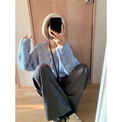 甜美减龄风蓝色圆领长袖针织毛衣开衫女秋季设计感小众宽松上衣