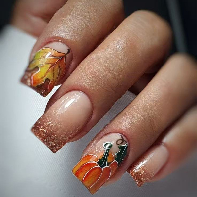 Thanksgiving Maple Leaf Pumpkin Gold Glitter Design Autum Short Square Wearable Manicure Nail Polish Export Fake Nails