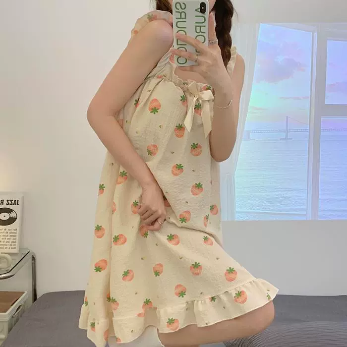Summer pijama, skirt, cute top with cups, cotton long thin strawberry, lifting effect, mid-length