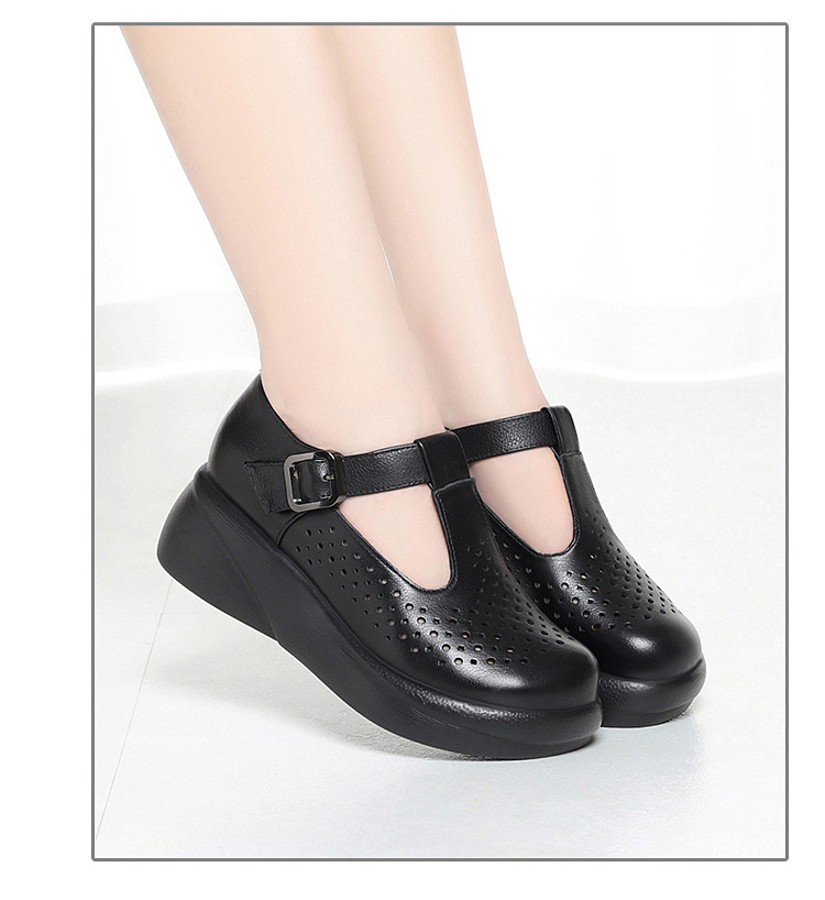 Sandal nữ đế dày gót thô da thật quai dán mũi tròn phong cách hè — Nâu【Kiểu lỗ】 chi tiết 10
