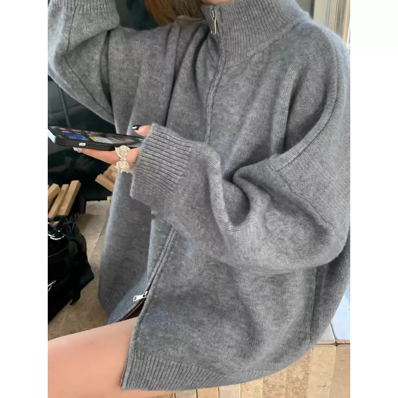 慵懒风灰色立领毛衣开衫女秋冬宽松休闲双拉链针织外套高领上衣