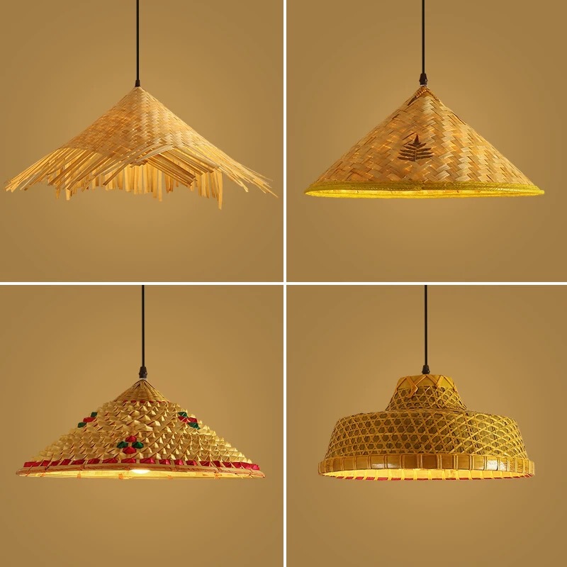 Chinese-Style Bamboo Woven Conical Lampshade Retro Dining Straw Hat Lampshade Homestay Rattan Southeast Asian Hot Pot Restaurant Bamboo Art Lighting