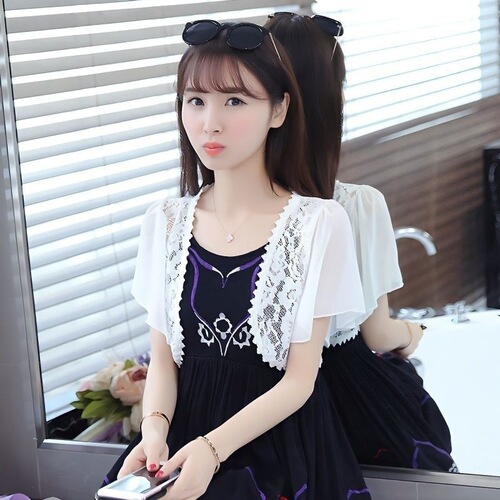 Women's Sun Protection Lace Shawl Sheer Shawl Short Sleeve Off-the-Shoulder Lace Edge Shawl Summer Thin Short Sleeve Hollowed-out Shawl