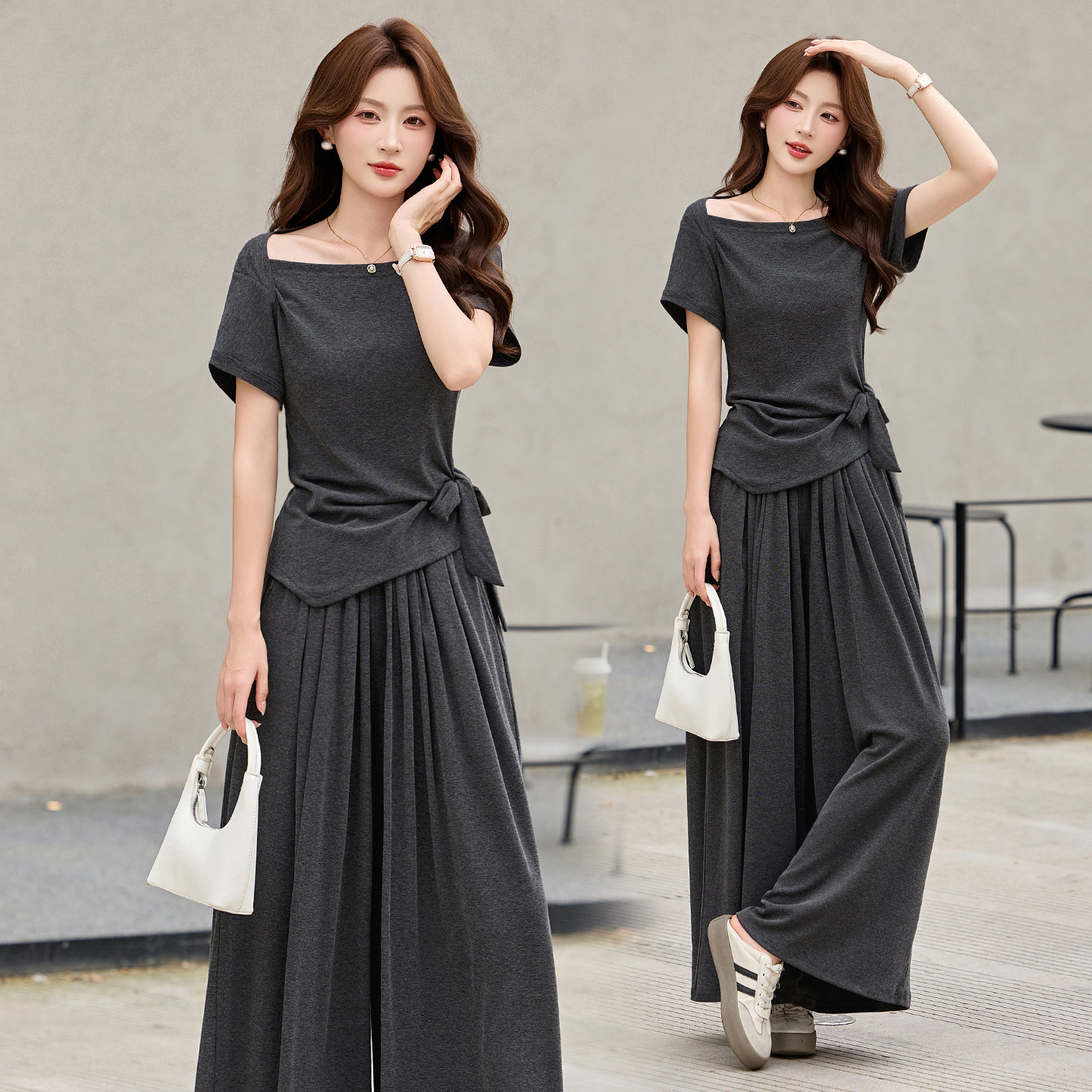 Bộ quần áo nữ thiết kế dây rút, áo phông phối quần ống rộng, form rộng thoải mái — Màu ảnh