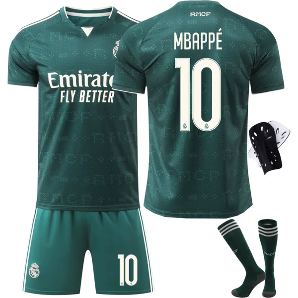 2627 Real Madrid away football jersey set with numbers 5 Bellingham, 7 Vinicius, 10 Mbappé, and 7 Ronaldo