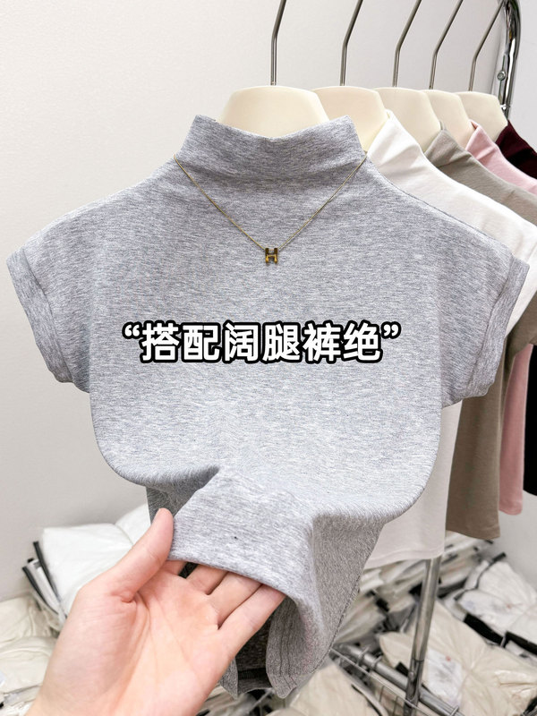 女性用のエレガントな小さなフライングスリーブトップ、ニッチデザイン、ハーフタートルネック、スリムフィットストレッチTシャツ、夏の人気の韓国トップス|undefined
