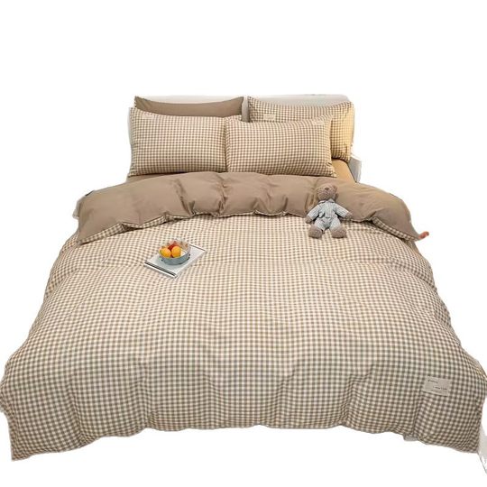 Ins-style Japanese-style Pure Washed Cotton Double Four-piece Set Class A Baby Cotton Plaid Quilt Cover Student Dormitory Three-piece Set