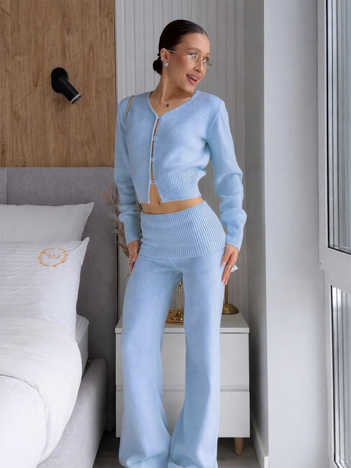 Bộ hai món nữ gồm áo khoác cardigan dệt kim dáng ngắn cổ chữ V và quần ống rộng cạp cao — Màu cà phê, Màu hồng, Màu trắng, Màu xanh dương chi tiết 21