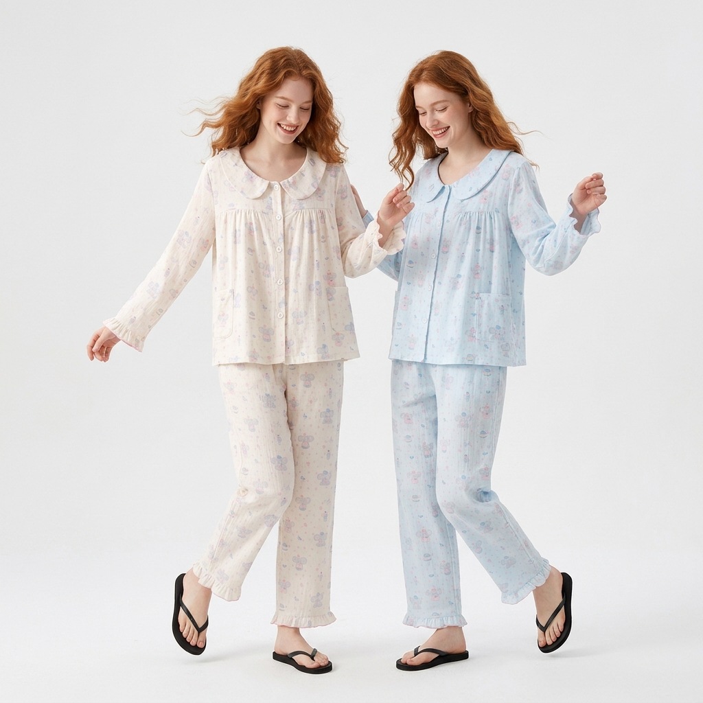 Class A 100% cotton cute cartoon animal print pajama set for spring and autumn, pure cotton, long-sleeved, long-pants, doll collar with buttons