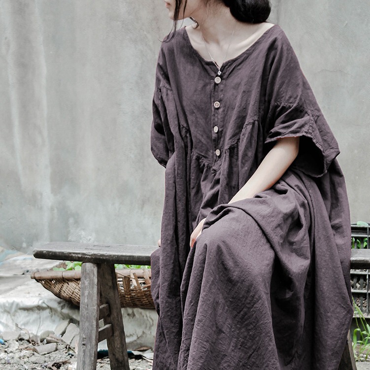 Shanqian Nianyi Retro Creative Design Cotton and Linen Ultra-Loose Short-Sleeved Dress Robe Versatile Shanqian Nianyi Retro Creative Design Cotton and Linen Ultra-Loose Short-Sleeved Dress Robe Versatile