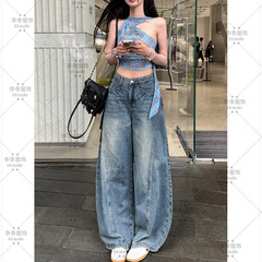 美式高街水洗弯刀牛仔裤女2025秋季新款高腰宽松显瘦痞帅阔腿裤
