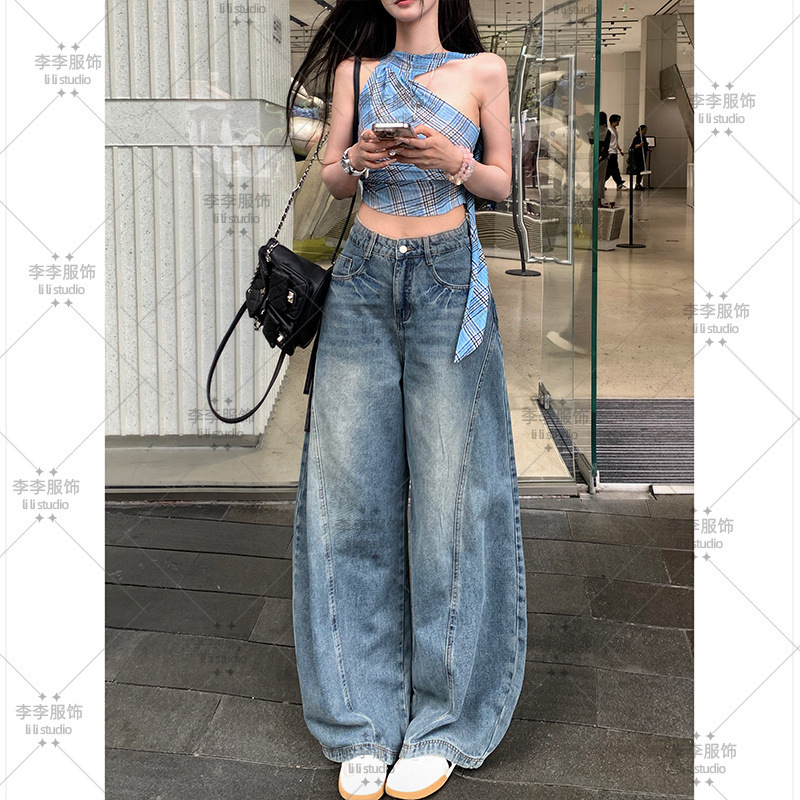 美式高街水洗弯刀牛仔裤女2025秋季新款高腰宽松显瘦痞帅阔腿裤|undefined