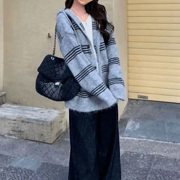 Suéter con capuz a rayas de contraste de color mujer otoño invierno coreano relajado vento largo cardigan de punto chaqueta image 5
