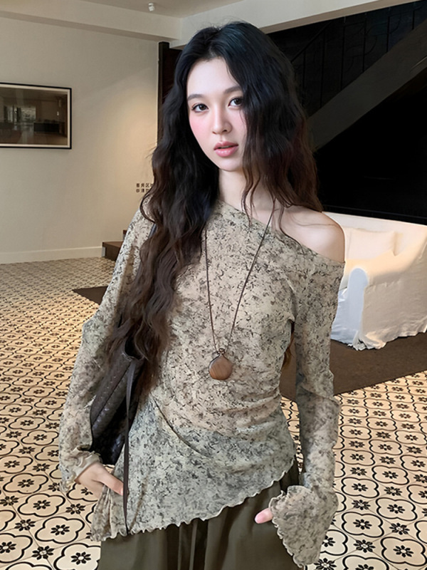 夏日绝美漂亮小上衣女2025新款漂亮绝美斜肩长袖t恤防晒罩衫薄款|undefined