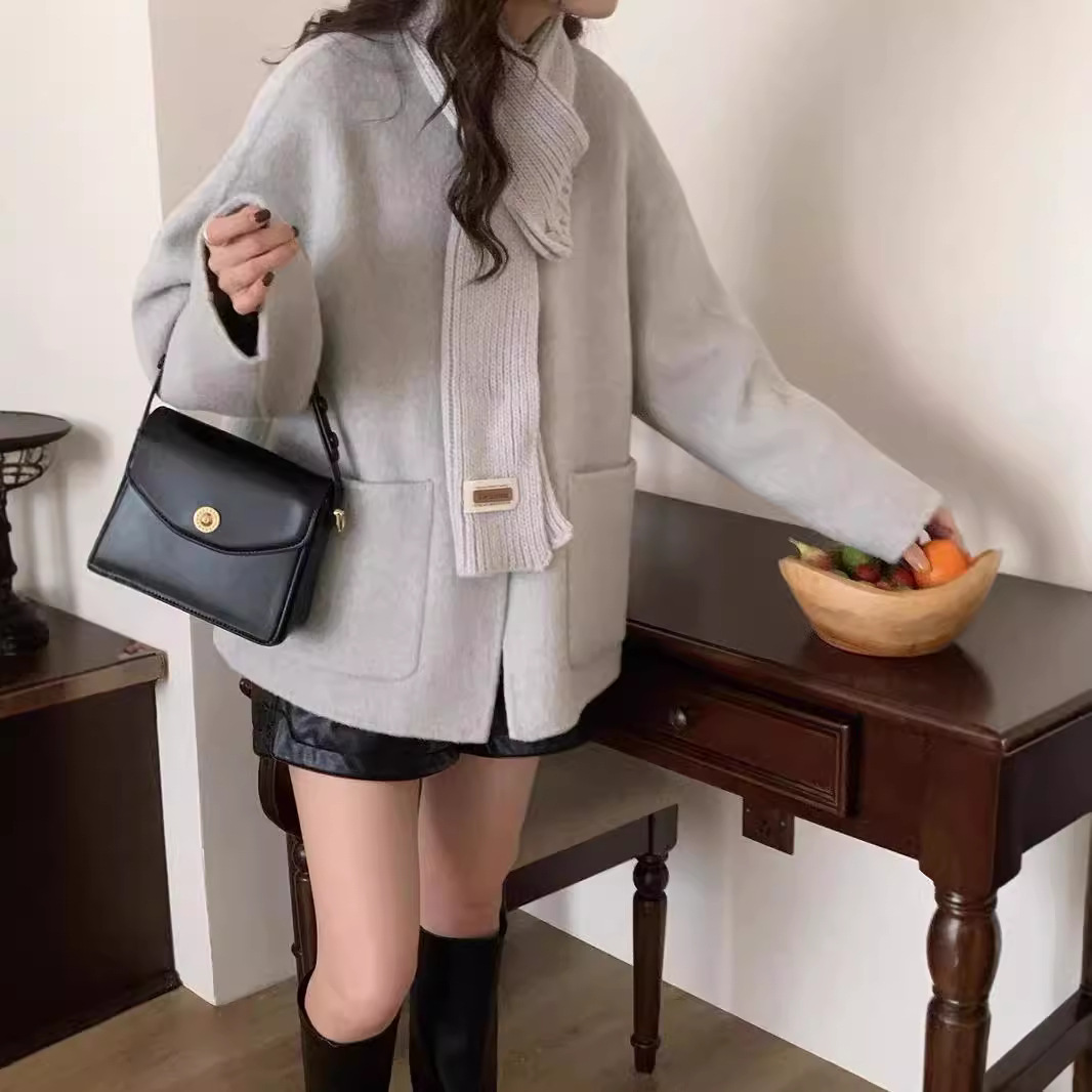 스카프 스타일 양면 울 코트 긴 작은 봉제 두꺼운 따뜻한 H 버전 양면 울 코트