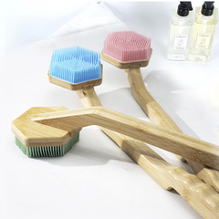 New Amazon Silicone Bamboo Wood Shower Brush Wood Curved Handle Long Handle Detachable Shower Brush