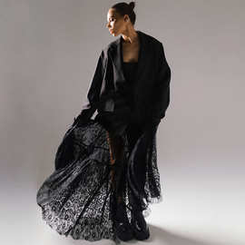 黑色性感透视蕾丝高腰通勤半身裙2023欧美新款时尚外贸跨境长裙女