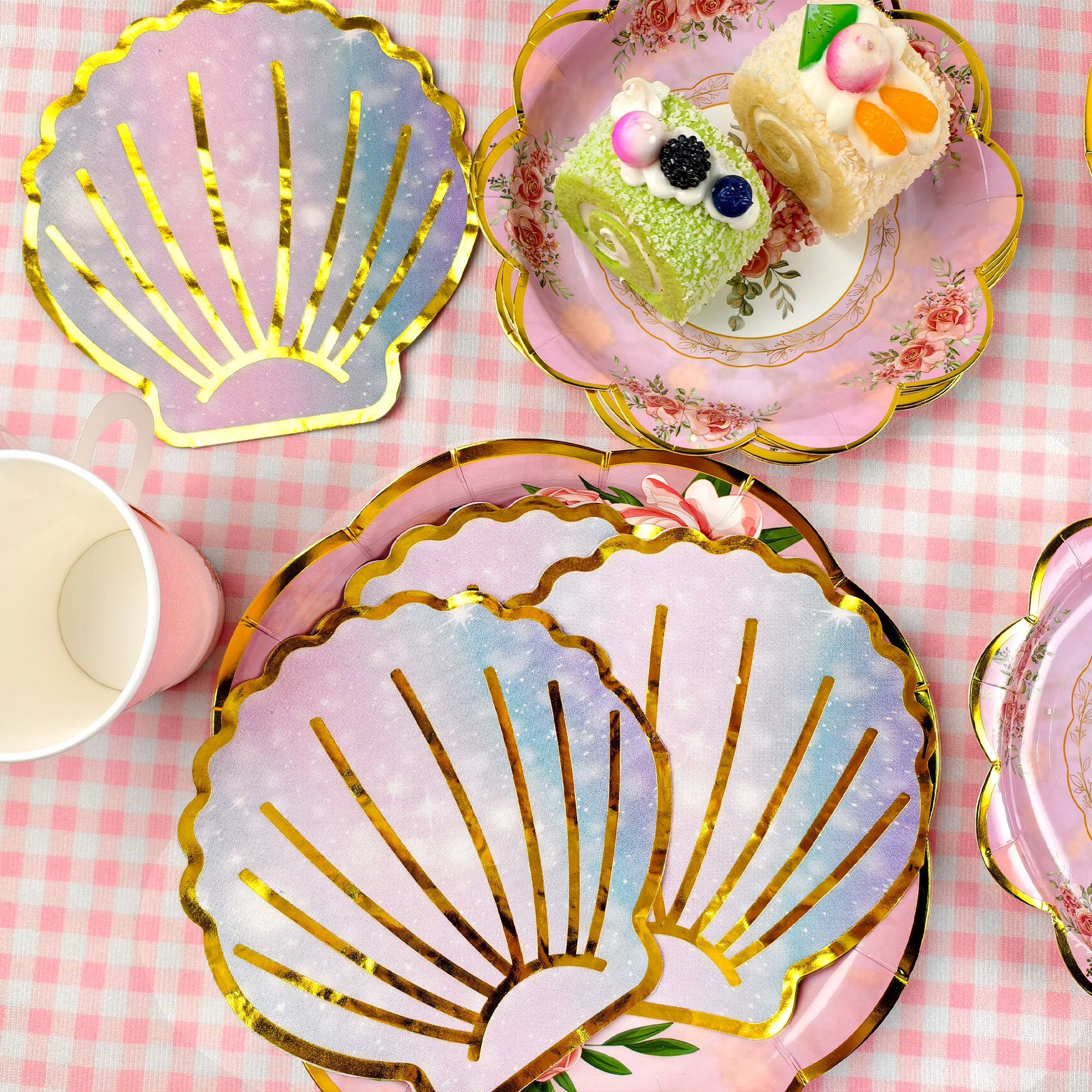 2 Katmanlı Deniz Kabuğu Şeklinde Altın Folyo Parti Peçeteleri, Plaj Temalı Süslemeler İçin Renkli Tek Kullanımlık Sofra Takımı, Toplu Paket_voghion.com