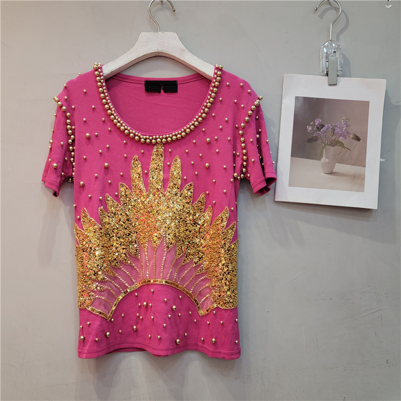 Súper industria pesada con cuentas de punto camiseta para mujeres 2024 primavera y verano nuevo slim fit media manga corta que adelgaza camiseta superior