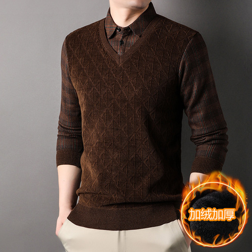 Pullover Sweaters for Men 2024, Fleece Lined and Thick, Fashionable and Warm Wool Knit Sweaters for Middle-Aged and Older Men