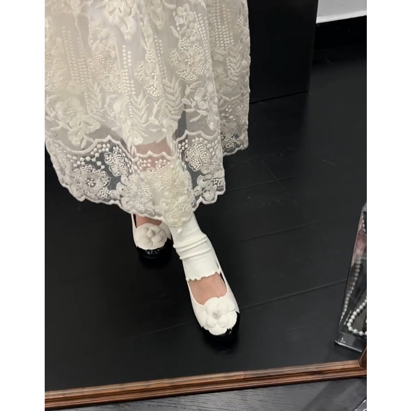 羊皮版~小香风气质单鞋女山茶花拼色法式配裙子浅口内增高晚晚鞋|undefined