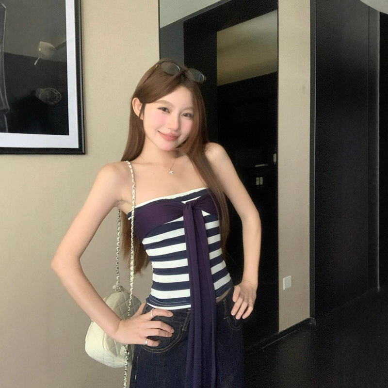 大码白色薄款长袖T恤女2025新款秋季胖MM显瘦罩衫条纹抹胸两件套|undefined