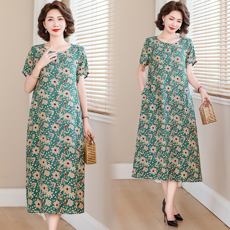 Summer New Middle-aged and Elderly Mother's Wear Slimming Cotton Silk dress Women's Middle-aged Women's Home Artificial Cotton Long Dress Fashion