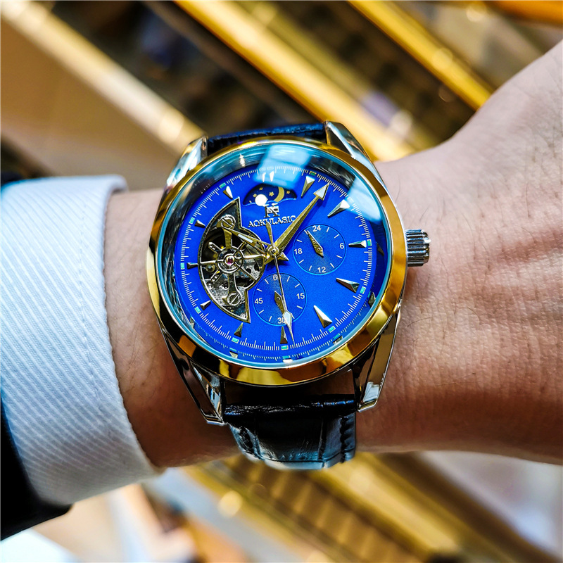 Ogulas hueco-hacia fuera gran volante automático reloj mecánico reloj de los hombres impermeable luminoso fase lunar reloj multifuncional 1781