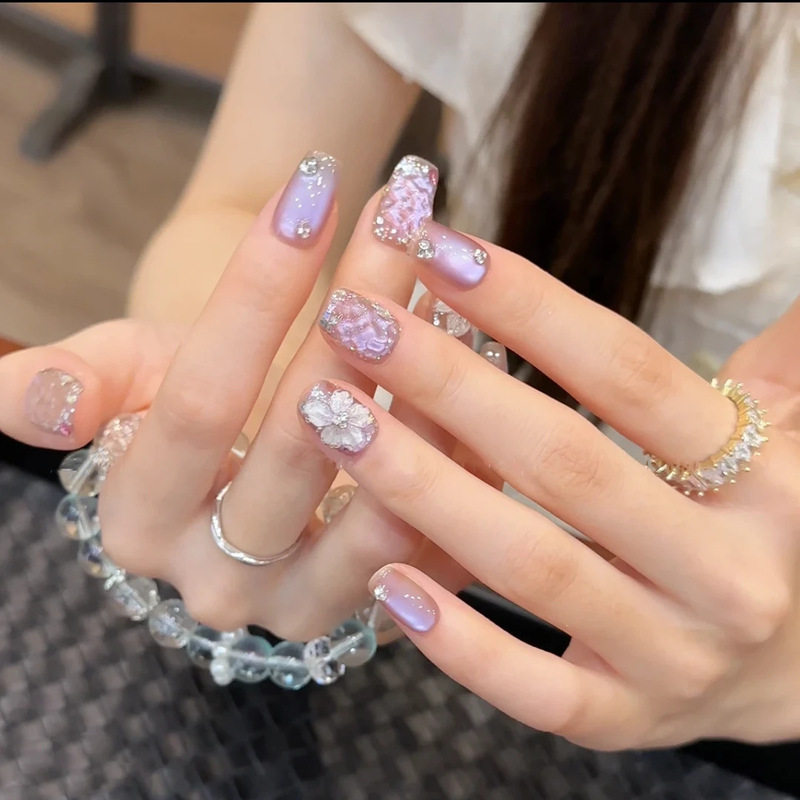 [Purple Dream] Purely Handmade Short Wearable Nails, New Purple Manicure, Asymmetrical Stereo Carved Nails